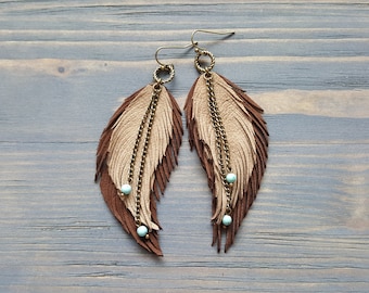 Beige Leather Earrings. Boho Earrings. Leather Feather Earrings. Large Bohemian Earrings. Handmade Boho Jewelry. Handmade Earrings.