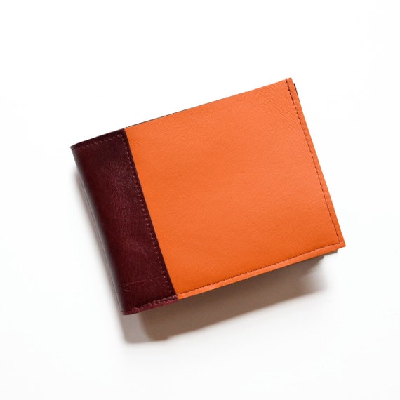 Mens Orange Wallet Minimalist Leather Bifold Card Wallet