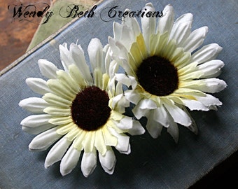 White Sunflower Duo Hair Clip Fascinator Set - Vegan, ATS, Tribal, Fusion, Belly Dance, Wedding
