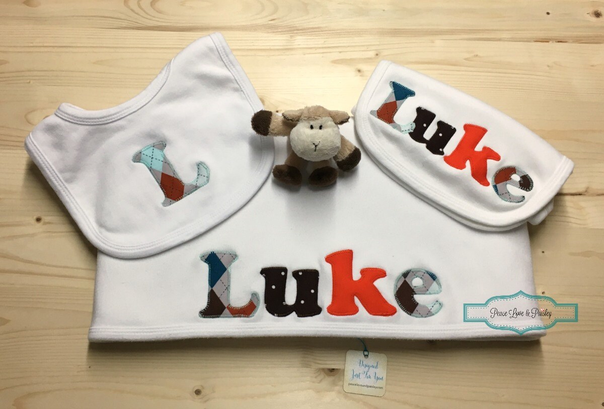 Personalized Baby Blanket Burp Cloth and Bib Set
