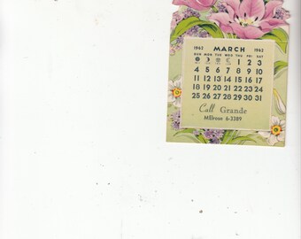 Vintage Diecut Calendar-Spring-Grande Flower Shop-Advertising-Indianapolis-Easel Back-March 1962