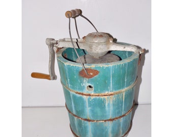 Old fashioned ice cream maker,White Mountain Freezer,4XG,wooden bucket ice cream maker,tall wood bucket,teal blue aqua,front porch decor