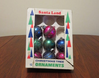 Vintage 1960s set 8 2" Shiny Brite Christmas tree ornaments decorations glass glitter pink blue green