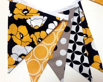 Fabric Bunting Banner, Floral, Yellow and Black, Black and White, Flag Banner, Baby Shower Banner, Nursery Decor, Birthday Bunting