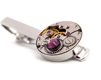 Steampunk Tie Bar With Vintage Watch Movement and Amethyst Crystal. Jamlincrow