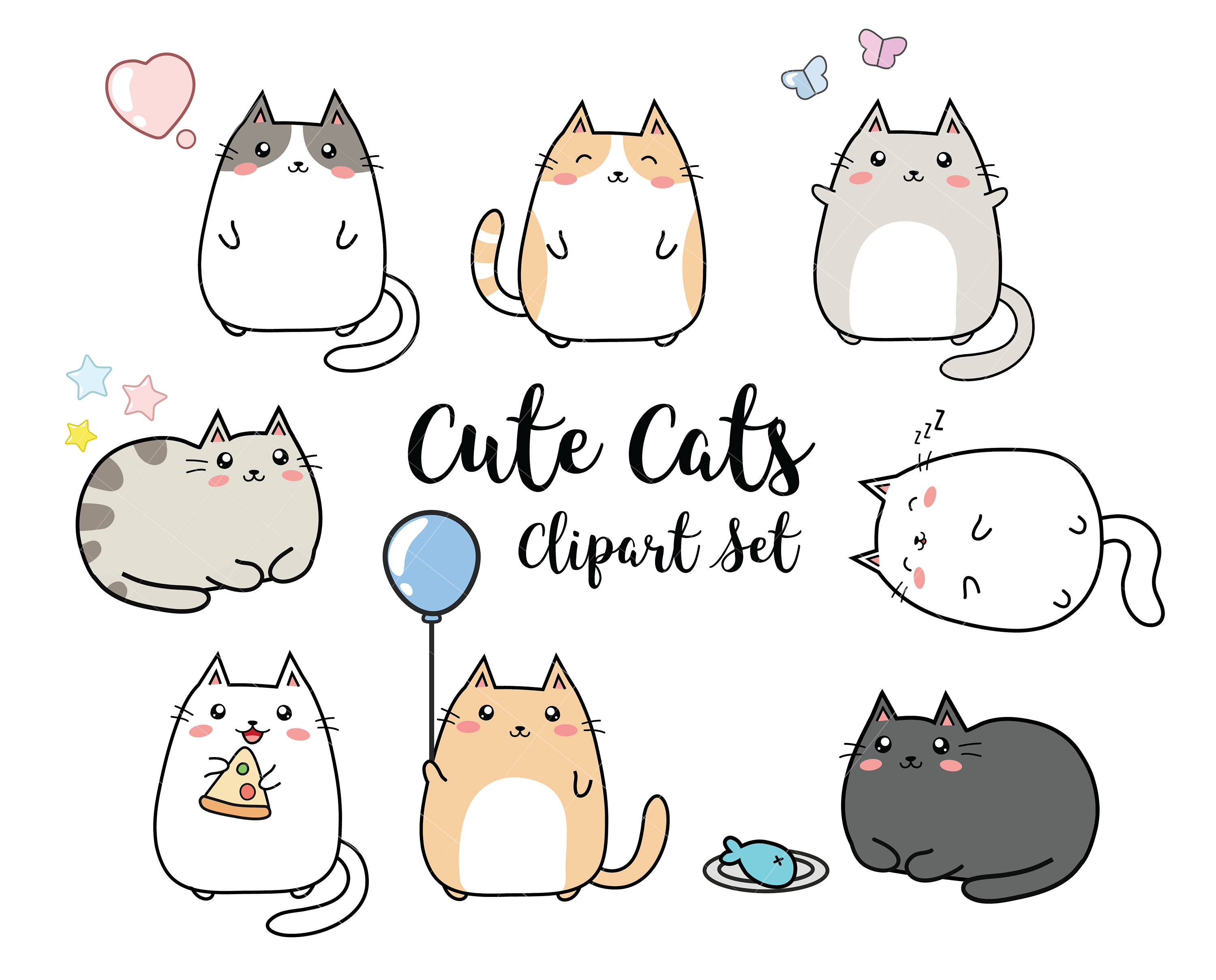 Vector Clipart Kawaii Cats Cute Cats Clipart Set High