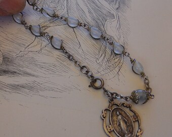 Dainty milk glass bead Rosary Bracelet with Miraculous Medal