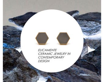 The Original, Geometric stud, Ceramic earrings, Gold Stud, stud, GRAY earrings, minimalist, ceramic earring, Honeycomb jewelry, ceramic,