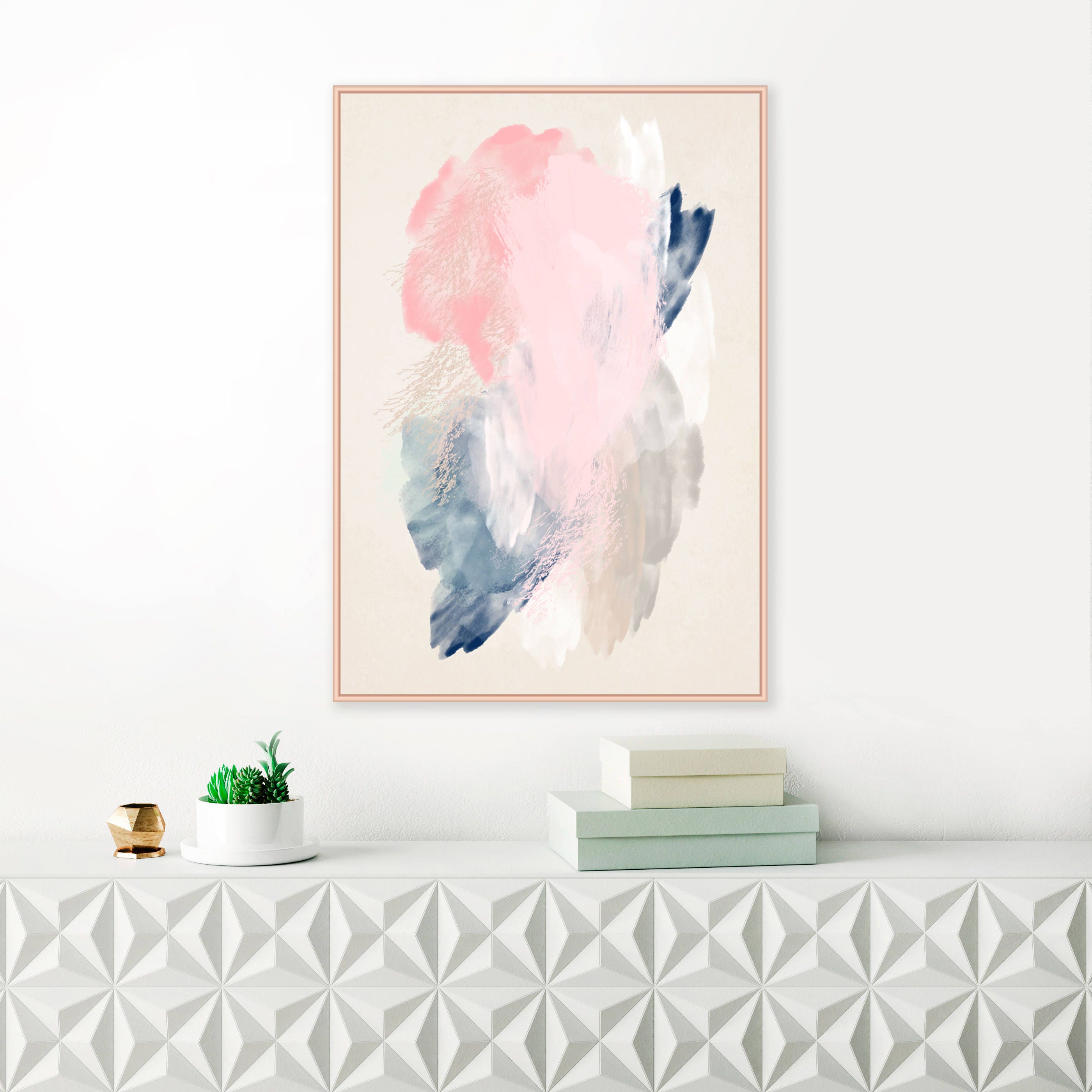Pink and Navy Blue Abstract Art Pale Pink Blue and Grey