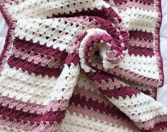 Crochet baby blanket, rose pink and ivory baby blanket, modern baby blanket, knit afghan, knit baby blanket