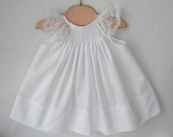 Smocked baby dress, smocked christening dress, ivory or white with lace angel sleeves