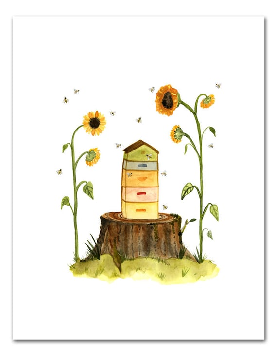 Beehive Watercolor Art Print on sale 50% 0ff Beekeeping Wall