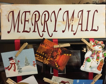 Merry Mail Sign with Ribbon to Hang Greeting Cards, Christmas Card Hanger, Christmas Gift, Valentine GIft, Valentines Gift, Treat Yourself