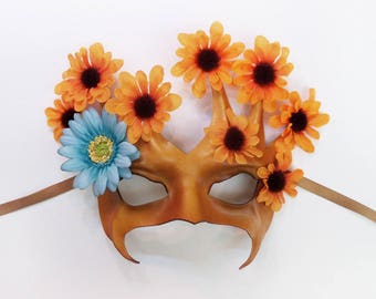 Flowering Tree Leather Mask with Fabric Flowers brown with orange and blue flowers Very lightweight and easy to wear