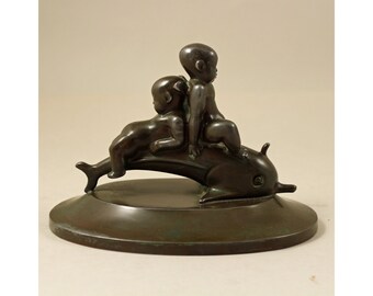 Arno Malinowski for Just Andersen, Denmark. Art Deco Cherubs on Dolphin. Disko Metal