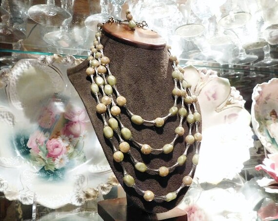 HOBE Rhinestone Necklace / 4 Strand / Quadruple / Art Glass / Stone