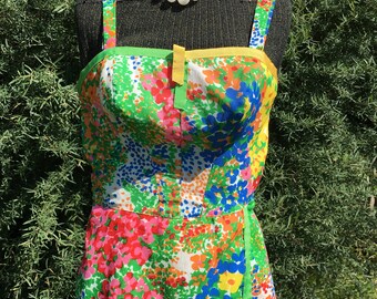 Vintage 1940-1950s GaBar labeled floral romper with ribbon trim and adjustable straps