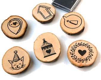 Set of 6 stamps on wood slices, black inkpad, rubber stamps, wooden stamps, scrapbooking, planner stamps, planner supply
