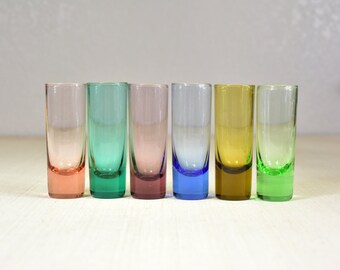 Vintage,Shot Glasses,Colored,Glass,Vintage Shot Glasses,Set of 6,Light Green,Dark Green,Blue,Grape,Peach,Brown