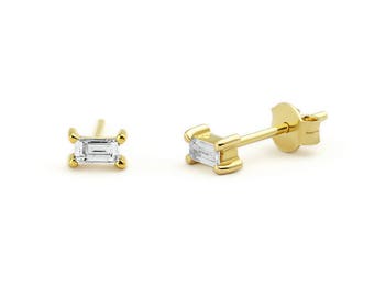 Diamond Stud Earrings - Baguette Cut Diamond Stud Earrings in 14k Gold set in Prongs - Simple Dainty Diamond Stud Earrings - Graduation Gift