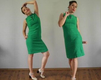 Vintage Green Dress 60s Pencil dress Mod Dress Shift dress Sheath dress Secretary dress Short dress Sleeveless Boucle dress Fitting dress
