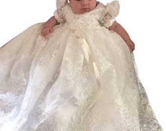 Christening dress - Baptism dress - baby girl 2 pc set lace white - girl Christening gown -- clearance---