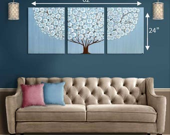 Original Acrylic Painting on Canvas Triptych Extra Large Wall Art of Blue Tree Painting - 62x24