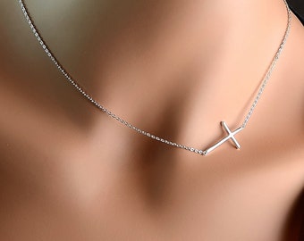 All Sterling Sideways Cross Necklace, minimalist jewelry, 16"/ 17"/18", sterling jewelry, mothers necklace,dainty necklace, sideway