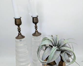 Pair of Vintage Lucite and Brass Candlesticks