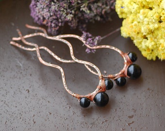 Black agate copper hairpins Metal hair comb Hair picks Rustic hair forks for bun Bun holder Long hair accessories Statement hair Copper pin