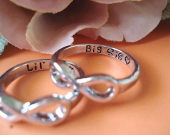 Set of 2 EA Infinity Rings...silver "Big Sis and Lil Sis with a heart" custom engraved ring , big and little sisters ring, always