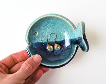Fish Shaped Ring Bowl, Aqua and Blue, Ceramic, Pottery, Ring Dish, Jewelry Dish, Soy Sauce Dish, Ring Holder - Lauren Sumner Pottery