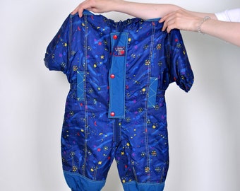 Vintage Ski Overall, Kid's Ski suit, 90s Pattern Winter jacket, 80s Retro, Snowboard suit, Space print, Abstract print, Blue, Boys, Girls
