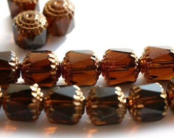 10mm Cathedral Dark Smokey Topaz czech glass beads with golden ends, brown large ball beads - 10pc - 2998