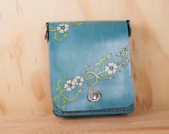 Small Leather Cross body Bag - Handmade Purse in the Willow Pattern with flowers - Mini Purse or Shoulder Bag in blue leather