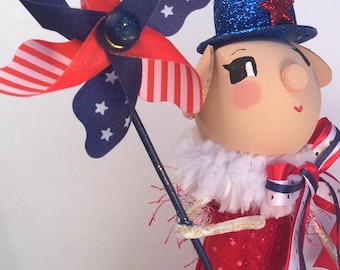 July 4th centerpiece 4th of july decor pig tree topper red white blue ooak art doll toni kelly original patriotic pig party decor america