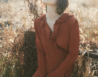 Orange Silk Ruffle Dress, wrap dress