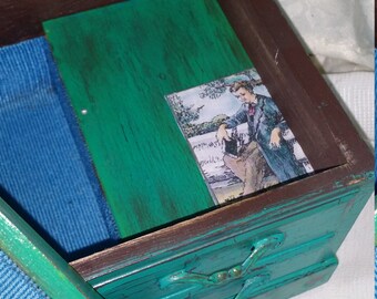 Trinket box. Vintage jewelry box, blue jewelry box. Stash box. Wildflower. Wooden box. Wooden stash box. Victorian box. Gypsies. Bohemian