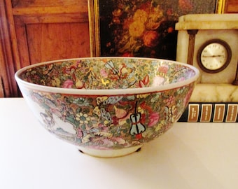 Vintage Chinoiserie Bowl, Rose Canton Bowl, Oriental Decor, Centerpiece Bowl, Hollywood Regency, Chinese Rose Medallion