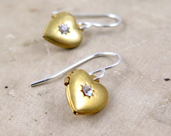 Heart LOCKET EARRINGS, Tiny Vintage Heart Lockets, Sterling Silver, Mixed Metal, Rhinestone Hearts