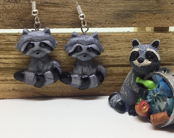 raccoon trash panda polymer clay dangle earrings