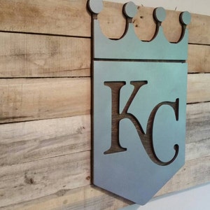 Kansas City Royals Sign with Maple Backdrop Metal Style Sign MDF Board Cut Out Logo With Faux Metal Finish Rustic Pallet Wood