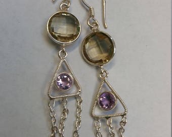 Amethyst and citrine sterling silver dangle earrings