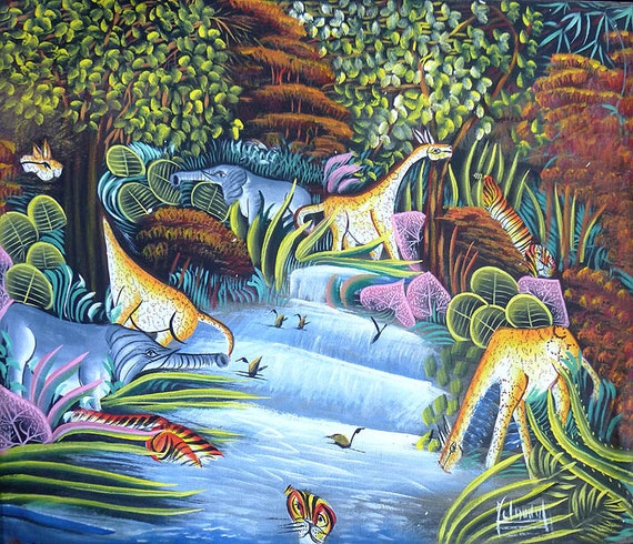 Haitian Painting Colorful Jungle Scene Haitian Art Hand