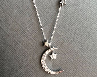 925 Silver Crescent Moon and Star necklace, Star and Moon necklace, Star necklace, Moon Necklace, I Love you to the moon and back