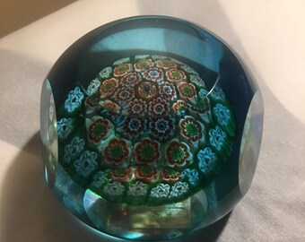 Blue tinted vintage Italian milleforte style glass paperweight