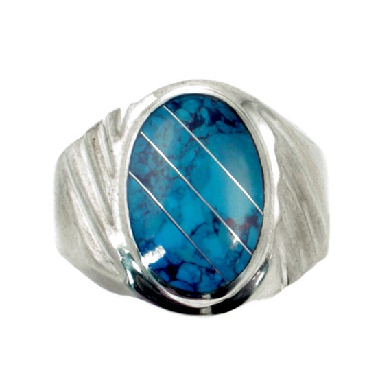 Large Men&#39;s Turquoise Ring in Sterling Silver Over 1/2