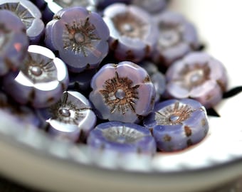 Purple Whispers - Premium Czech Glass Beads, Opalite, Milky Lavender, Brown Picasso Finish, Small Hawaiian Daisy Flowers 12mm - Pc6