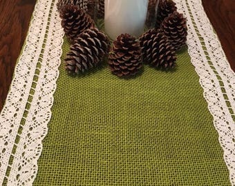 Green burlap table runner with crochet and fringe trim