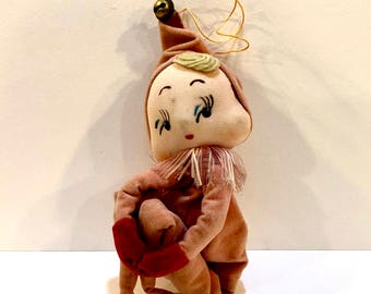 Vintage Christmas Pixie, Knee Hugger Elf, Velvet Pixie, Yarn Hair, 6 inches, Shelf Sitter, Christmas Decor, Mid Century Pixie, Japan, 1950s